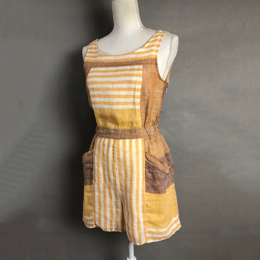 Anthropologie Romper Orange Brown Striped Linen - Picture 1 of 8